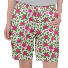 Flowers Leaves Roses Pattern Floral Nature Background Women s Pocket Shorts