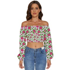 Flowers Leaves Roses Pattern Floral Nature Background Long Sleeve Crinkled Weave Crop Top by Maspions