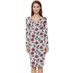 Roses Flowers Leaves Pattern Scrapbook Paper Floral Background Long Sleeve V-neck Bodycon Dress  by Maspions