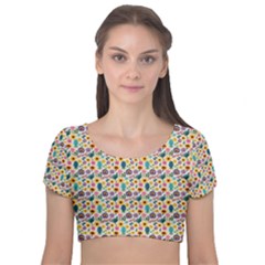 Floral Flowers Leaves Tropical Pattern Velvet Short Sleeve Crop Top 