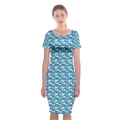 Blue Wave Sea Ocean Pattern Background Beach Nature Water Classic Short Sleeve Midi Dress