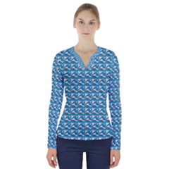 Blue Wave Sea Ocean Pattern Background Beach Nature Water V-neck Long Sleeve Top