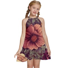 Flowers Pattern Texture Design Nature Art Colorful Surface Vintage Kids  Halter Collar Waist Tie Chiffon Dress