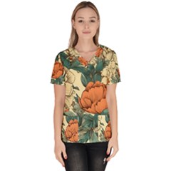 Flowers Pattern Texture Art Colorful Nature Painting Surface Vintage Women s V-neck Scrub Top