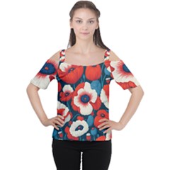 Red Poppies Flowers Art Nature Pattern Cutout Shoulder T-shirt