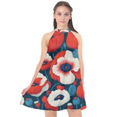 Red Poppies Flowers Art Nature Pattern Halter Neckline Chiffon Dress 