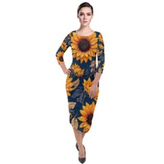 Flowers Pattern Spring Bloom Blossom Rose Nature Flora Floral Plant Quarter Sleeve Midi Velour Bodycon Dress