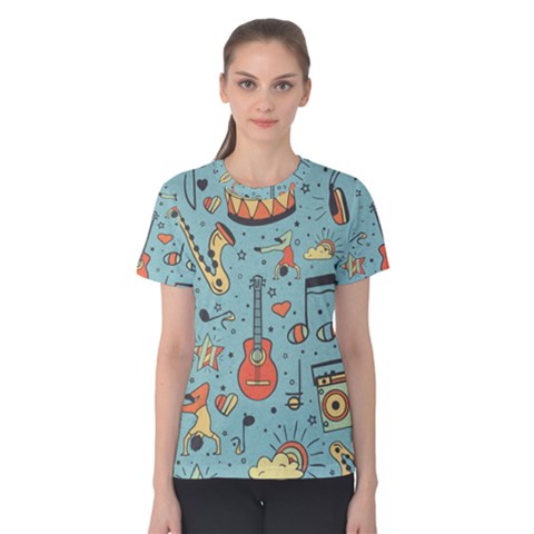 Seamless Pattern Musical Instruments Notes Headphones Player Women s Cotton T-shirt by Apen