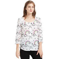 Cute Art Print Pattern Chiffon Quarter Sleeve Blouse by Apen