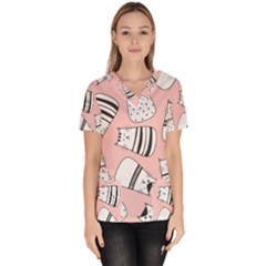 Cute Cats Cartoon Seamless-pattern Women s V-neck Scrub Top by Apen