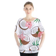 Seamless Pattern Coconut Piece Palm Leaves With Pink Hibiscus Batwing Chiffon Blouse