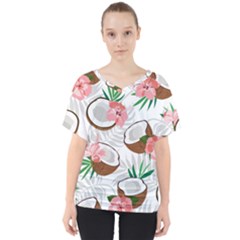 Seamless Pattern Coconut Piece Palm Leaves With Pink Hibiscus V-neck Dolman Drape Top by Apen