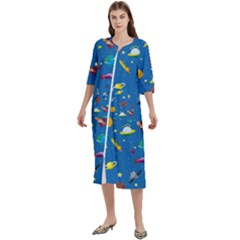 Space Rocket Solar System Pattern Women s Cotton 3/4 Sleeve Nightgown by Apen