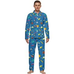 Space Rocket Solar System Pattern Men s Long Sleeve Velvet Pocket Pajamas Set by Apen