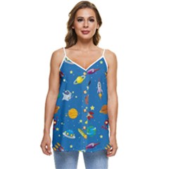 Space Rocket Solar System Pattern Casual Spaghetti Strap Chiffon Top