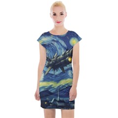 Spaceship Starry Night Van Gogh Painting Cap Sleeve Bodycon Dress