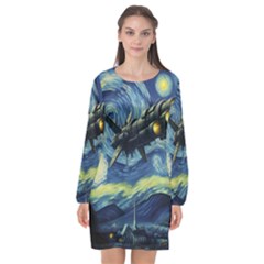 Spaceship Starry Night Van Gogh Painting Long Sleeve Chiffon Shift Dress 