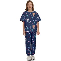 Cute Astronaut Cat With Star Galaxy Elements Seamless Pattern Kids  T-shirt And Pants Sports Set by Apen