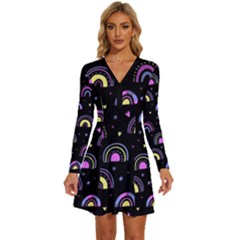 Wallpaper Pattern Rainbow Long Sleeve Deep V Mini Dress 