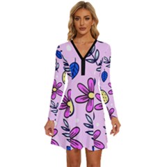 Flowers Petals Pineapples Fruit Long Sleeve Deep V Mini Dress 