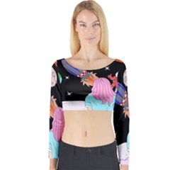 Girl Bed Space Planets Spaceship Rocket Astronaut Galaxy Universe Cosmos Woman Dream Imagination Bed Long Sleeve Crop Top