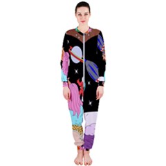 Girl Bed Space Planets Spaceship Rocket Astronaut Galaxy Universe Cosmos Woman Dream Imagination Bed Onepiece Jumpsuit (ladies)