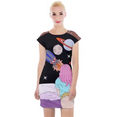 Girl Bed Space Planets Spaceship Rocket Astronaut Galaxy Universe Cosmos Woman Dream Imagination Bed Cap Sleeve Bodycon Dress