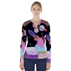 Girl Bed Space Planets Spaceship Rocket Astronaut Galaxy Universe Cosmos Woman Dream Imagination Bed V-neck Long Sleeve Top