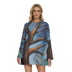 Tree Branches Mystical Moon Expressionist Oil Painting Acrylic Painting Abstract Nature Moonlight Ni Round Neck Long Sleeve Bohemian Style Chiffon Mini Dress