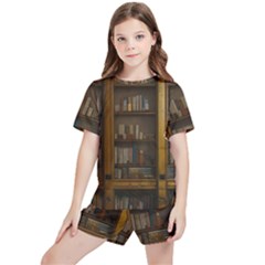 Books Book Shelf Shelves Knowledge Book Cover Gothic Old Ornate Library Kids  T-shirt And Sports Shorts Set