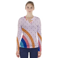 Abstract Geometric Bauhaus Polka Dots Retro Memphis Rainbow V-neck Long Sleeve Top