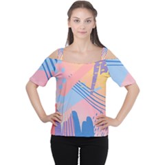 Abstract Lines Dots Pattern Purple Pink Blue Cutout Shoulder T-shirt