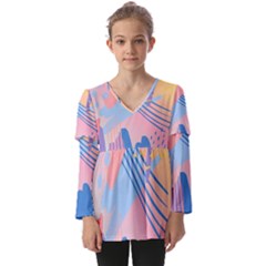 Abstract Lines Dots Pattern Purple Pink Blue Kids  V Neck Casual Top