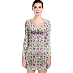 Pattern Flowers Leaves Green Purple Pink Long Sleeve Bodycon Dress