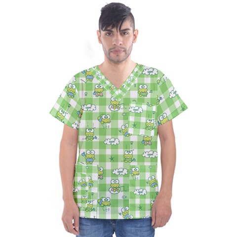 Frog Cartoon Pattern Cloud Animal Cute Seamless Men s V-neck Scrub Top by Bedest