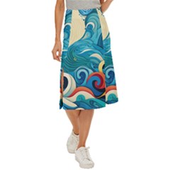 Waves Ocean Sea Abstract Whimsical Abstract Art Pattern Abstract Pattern Water Nature Moon Full Moon Midi Panel Skirt by Bedest