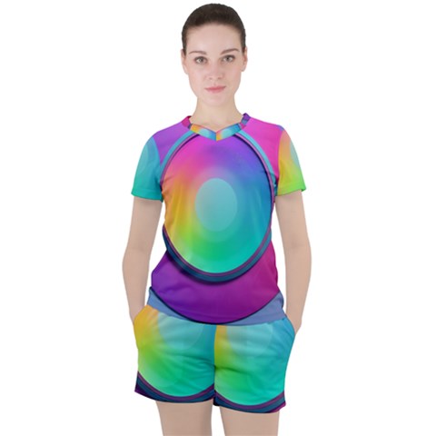 Circle Colorful Rainbow Spectrum Button Gradient Psychedelic Art Women s T-shirt And Shorts Set by Maspions