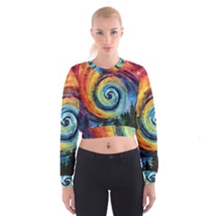 Cosmic Rainbow Quilt Artistic Swirl Spiral Forest Silhouette Fantasy Cropped Sweatshirt by Maspions