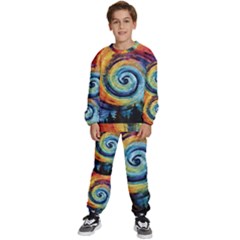 Cosmic Rainbow Quilt Artistic Swirl Spiral Forest Silhouette Fantasy Kids  Sweatshirt Set