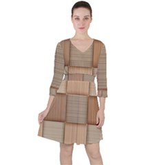 Wooden Wickerwork Texture Square Pattern Quarter Sleeve Ruffle Waist Dress