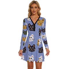 Cat Cat Background Animals Little Cat Pets Kittens Long Sleeve Deep V Mini Dress 