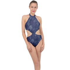 Blue Paisley Texture, Blue Paisley Ornament Halter Side Cut Swimsuit by nateshop