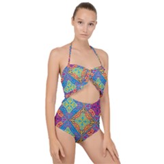 Colorful Floral Ornament, Floral Patterns Scallop Top Cut Out Swimsuit by nateshop