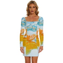 Fruits, Fruit, Lemon, Lime, Mandarin, Water, Orange Long Sleeve Square Neck Bodycon Velvet Dress