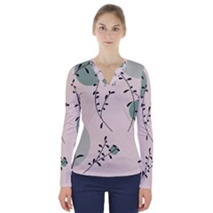 Plants Pattern Design Branches Branch Leaves Botanical Boho Bohemian Texture Drawing Circles Nature V-neck Long Sleeve Top