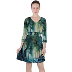 Trees Forest Mystical Forest Background Landscape Nature Quarter Sleeve Ruffle Waist Dress