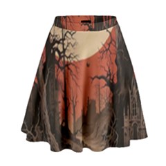 Comic Gothic Macabre Vampire Haunted Red Sky High Waist Skirt by Maspions