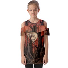 Comic Gothic Macabre Vampire Haunted Red Sky Fold Over Open Sleeve Top by Maspions