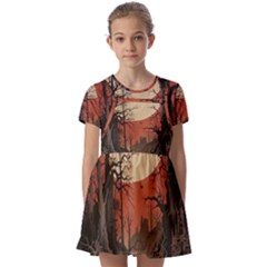 Comic Gothic Macabre Vampire Haunted Red Sky Kids  Short Sleeve Pinafore Style Dress by Maspions