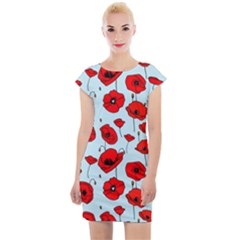 Poppies Flowers Red Seamless Pattern Cap Sleeve Bodycon Dress